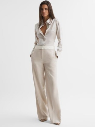 REISS MAYA MID RISE CONTRAST WIDE LEG TROUSERS in NEUTRAL ~ chic suit trouser