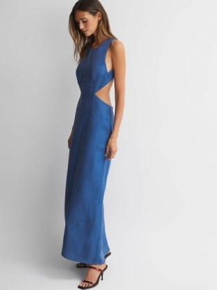 REISS – BONDI BORN MIRAMAR LINEN MAXI DRESS in SAPPHIRE BLUE ~ chic long length cut out occasion dresses ~ sophisticated cutout evening clothes - flipped