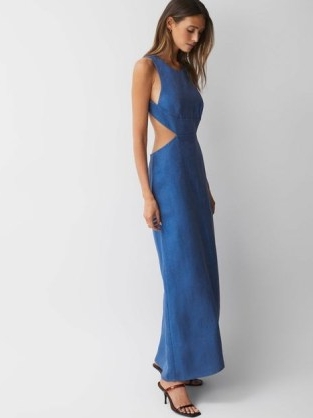 REISS – BONDI BORN MIRAMAR LINEN MAXI DRESS in SAPPHIRE BLUE ~ chic long length cut out occasion dresses ~ sophisticated cutout evening clothes