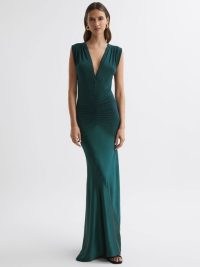REISS NOA PLUNGE NECK SLEEVELESS MAXI DRESS in Teal ~ blue green gathered waist occasion gown