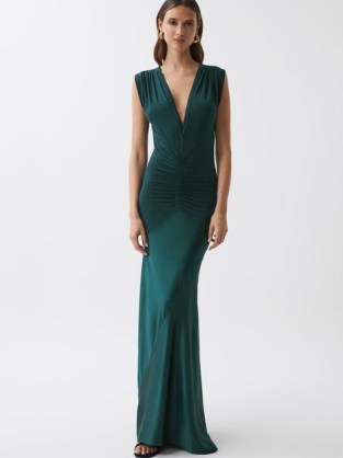 REISS NOA PLUNGE NECK SLEEVELESS MAXI DRESS in Teal ~ blue green gathered waist occasion gown - flipped