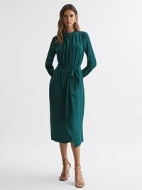 REISS PHOENIX PLEATED LONG SLEEVE MIDI DRESS in GREEN – chic asymmetric hemline dresses