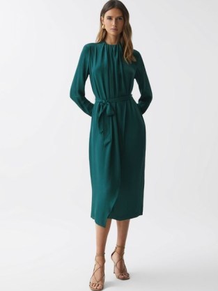 REISS PHOENIX PLEATED LONG SLEEVE MIDI DRESS in GREEN – chic asymmetric hemline dresses - flipped