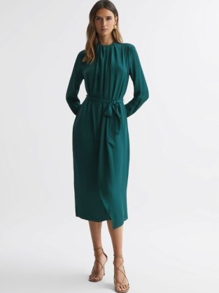 REISS PHOENIX PLEATED LONG SLEEVE MIDI DRESS in GREEN – chic asymmetric hemline dresses