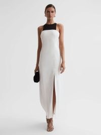 REISS REYA COLOURBLOCK FITTED MAXI DRESS IVORY ~ chic sleeveless evening occasion dresses ~ understated colour block event clothing ~ minimalist occasionwear ~ elegant party clothes