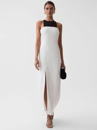 REISS REYA COLOURBLOCK FITTED MAXI DRESS IVORY ~ chic sleeveless evening occasion dresses ~ understated colour block event clothing ~ minimalist occasionwear ~ elegant party clothes - flipped
