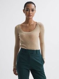 Reiss SIAN KNITTED FITTED TOP in NEUTRAL | chic long sleeve scoop neck tops | women’s casual luxe knitwear clothing