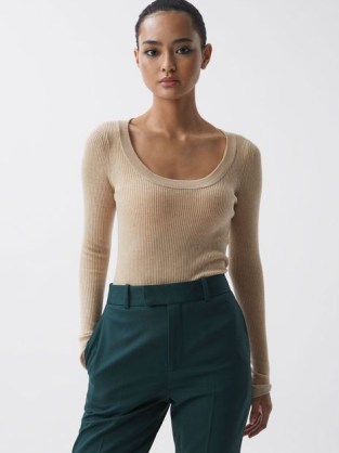 Reiss SIAN KNITTED FITTED TOP in NEUTRAL | chic long sleeve scoop neck tops | women’s casual luxe knitwear clothing - flipped