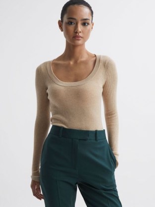 Reiss SIAN KNITTED FITTED TOP in NEUTRAL | chic long sleeve scoop neck tops | women’s casual luxe knitwear clothing