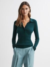 REISS SIENNA RIBBED SPACE WOOL POLO SHIRT in GREEN – women’s long sleeve collared tops