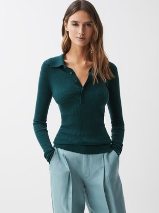 REISS SIENNA RIBBED SPACE WOOL POLO SHIRT in GREEN – women’s long sleeve collared tops - flipped
