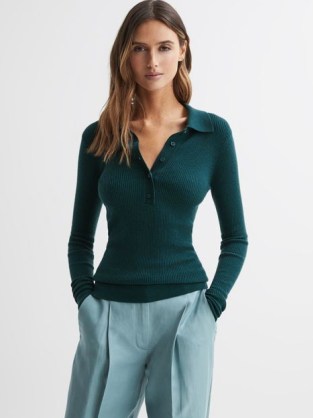 REISS SIENNA RIBBED SPACE WOOL POLO SHIRT in GREEN – women’s long sleeve collared tops