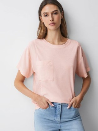 REISS SOFIA COTTON BLEND CREW NECK T-SHIRT in PINK ~ women’s short sleeve front patch pocket tee - flipped