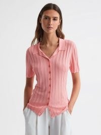 REISS STELLA FITTED STRIPED BUTTON THROUGH SHIRT in PINK ~ women’s short sleeve collared tops