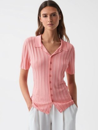 REISS STELLA FITTED STRIPED BUTTON THROUGH SHIRT in PINK ~ women’s short sleeve collared tops - flipped