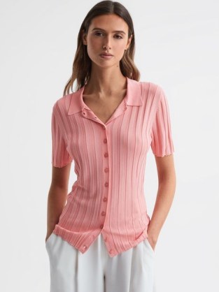 REISS STELLA FITTED STRIPED BUTTON THROUGH SHIRT in PINK ~ women’s short sleeve collared tops