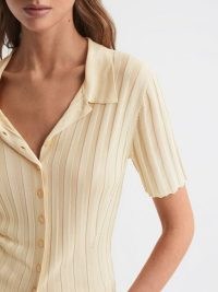 REISS STELLA FITTED STRIPED BUTTON THROUGH SHIRT – womens light yellow short sleeve collared tops