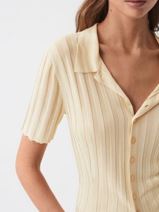REISS STELLA FITTED STRIPED BUTTON THROUGH SHIRT – womens light yellow short sleeve collared tops - flipped