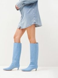 Reformation Remy Knee Boot in Light Denim ~ blue snip toe kitten heel boots