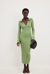 NA-KD Rib Knitted Trumpet Sleeve Dress in Green ~ stretchy ribbed long sleeved collared dresses