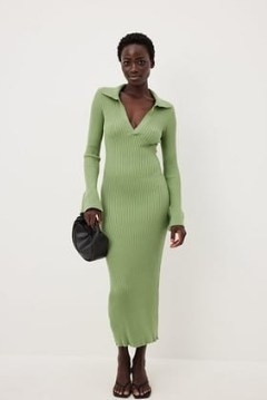 NA-KD Rib Knitted Trumpet Sleeve Dress in Green ~ stretchy ribbed long sleeved collared dresses - flipped