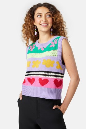 gorman Ribbons Stripe Vest – women’s knitted vests – patterned tank top – womens multicoloured sleeveless sweaters – organic cotton tanks