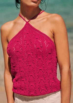 Sezane RYAN TOP Magnolia ~ organic cotton halterneck tops ~ pink strappy halter neck ~ knitted summer fashion - flipped