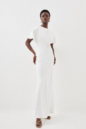 KAREN MILLEN Satin Crepe Woven Maxi Dress in Ivory ~ elegant fluid angel sleeve wedding dresses ~ sophisticated wide sleeved occasion clothes ~ women’s minimalist evening event clothing - flipped