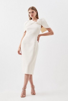 KAREN MILLEN Scuba Asymmetric Neckline Midi Dress in Cream ~ chic cape sleeve pencil dresses ~ asymmetrical occasion clothes