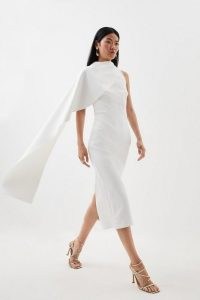 KAREN MILLEN Scuba Waterfall Detail Midi Dress in Ivory ~ chic single cape panel pencil dresses ~ contemporary occasion clothes ~ women’s sophisticated party clothing