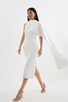 KAREN MILLEN Scuba Waterfall Detail Midi Dress in Ivory ~ chic single cape panel pencil dresses ~ contemporary occasion clothes ~ women’s sophisticated party clothing - flipped