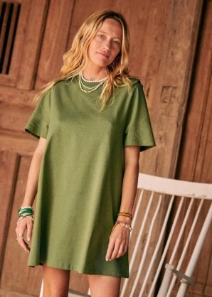 Sezane SELENA DRESS in Lime Green – short sleeve organic cotton T-shirt dresses - flipped