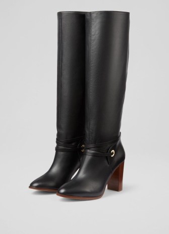 L.K. BENNETT Shelby Black Leather Knee-High Boots ~ women’s front wrap detail block heel boot - flipped
