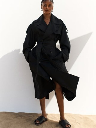Jigsaw Nelson Silk Trench Coat in Black ~ women’s luxury belted coats - flipped