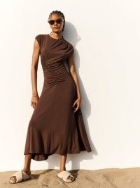 JIGSAW Drape Pleat Jersey Dress in Brown – cap sleeve ruched detail midi dresses – women’s clothes with asymmetrical ruching