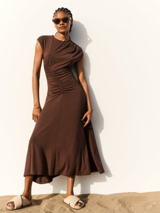 JIGSAW Drape Pleat Jersey Dress in Brown – cap sleeve ruched detail midi dresses – women’s clothes with asymmetrical ruching