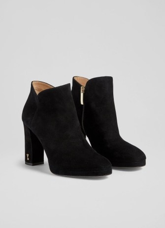 L.K. BENNETT Sierra Black Suede Platform Ankle Boots ~ women’s curved top almond toe block heel boots - flipped