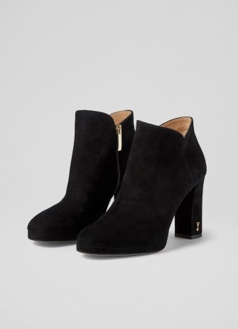 L.K. BENNETT Sierra Black Suede Platform Ankle Boots ~ women’s curved top almond toe block heel boots