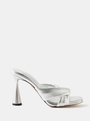 AQUAZZURA Amore 95 metallic-leather sandals in silver ~ luxe party mules ~ spool heel evening occasion sandal - flipped