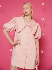 sister jane THE MADELEINE MOMENT Peaches Denim Mini Dress in Quartz Pink ~ puff sleeve dresses with an oversized ruffle trim collar