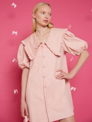 sister jane THE MADELEINE MOMENT Peaches Denim Mini Dress in Quartz Pink ~ puff sleeve dresses with an oversized ruffle trim collar - flipped