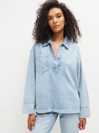 Reformation Slater Oversized Denim Shirt in Mystic – women’s light blue collared tops – womens relaxed fit popover shirts