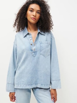 Reformation Slater Oversized Denim Shirt in Mystic – women’s light blue collared tops – womens relaxed fit popover shirts - flipped