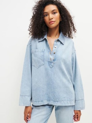 Reformation Slater Oversized Denim Shirt in Mystic – women’s light blue collared tops – womens relaxed fit popover shirts
