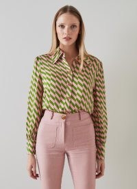 L.K. BENNETT Sonya Green And Pink Graphic Print Crepe Blouse ~ luxury retro style shirts – luxe collared vintage inspired blouses