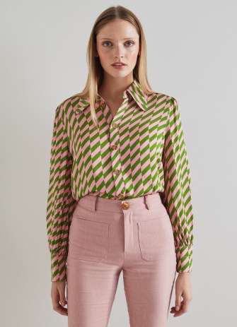 L.K. BENNETT Sonya Green And Pink Graphic Print Crepe Blouse ~ luxury retro style shirts – luxe collared vintage inspired blouses - flipped