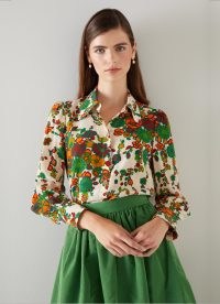 L.K. BENNETT Sonya Multi Naive Floral Print Silk Blouse / collared blouses / women’s silky shirts with retro style prints