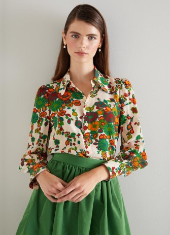 L.K. BENNETT Sonya Multi Naive Floral Print Silk Blouse / collared blouses / women’s silky shirts with retro style prints - flipped