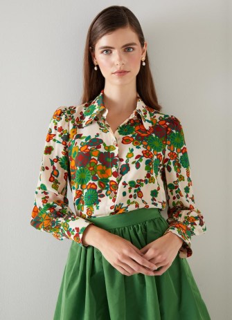 L.K. BENNETT Sonya Multi Naive Floral Print Silk Blouse / collared blouses / women’s silky shirts with retro style prints