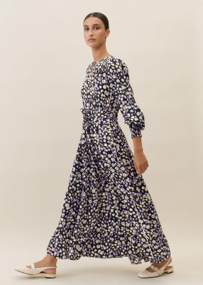 ME and EM Spring Garden Print Maxi Dress + Belt in Black/Lilac/Cream/Khaki / luxe long sleeve floral dresses - flipped